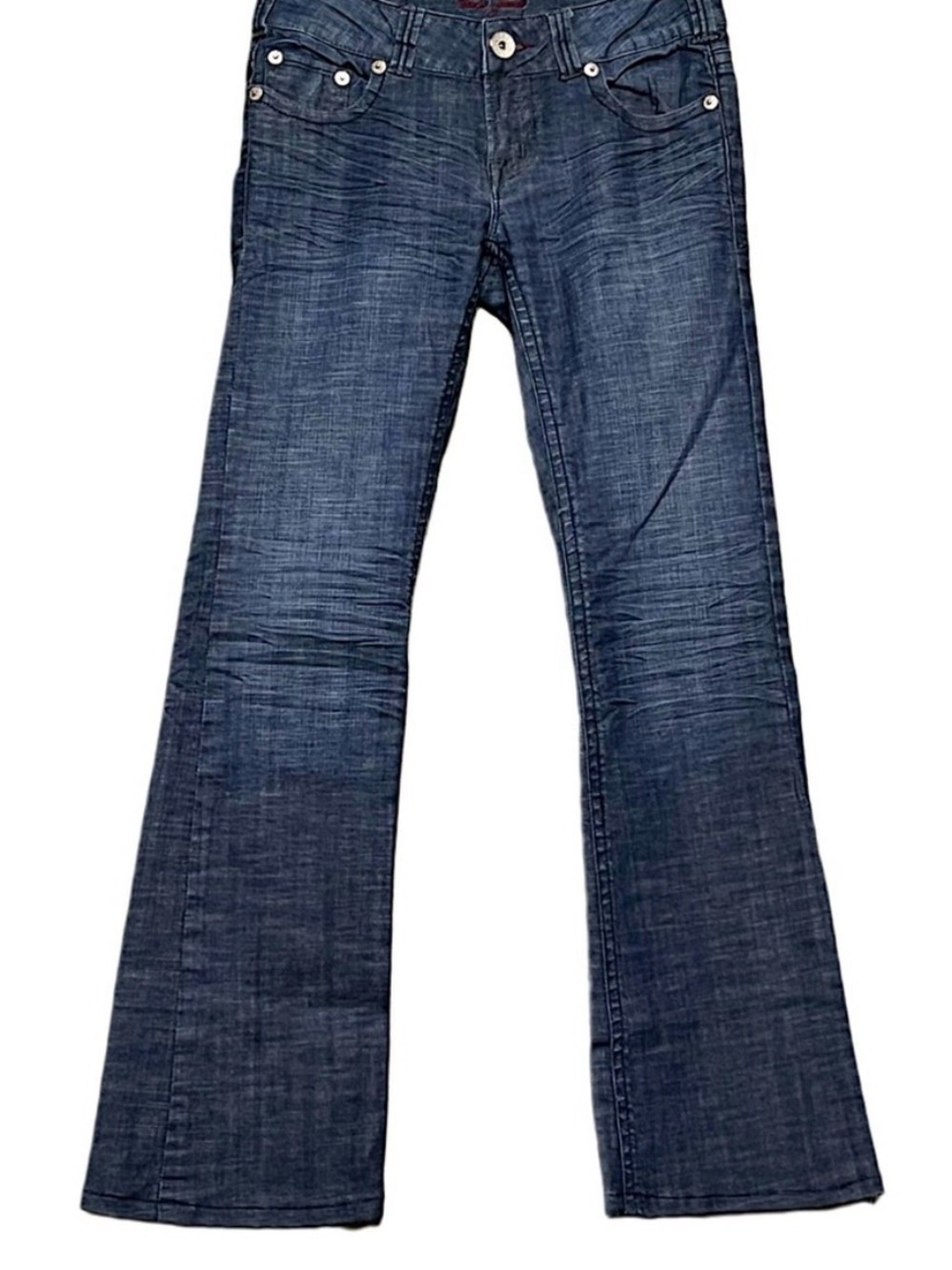 GUESS Womens Flare Jeans Blue Dark Wash Whiskered Size 28 Y2K Mid Rise Bootcut